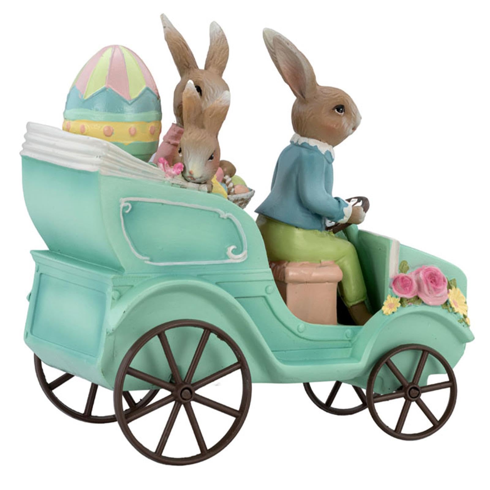 kleines Deko Hasen Figuren Set Kunststein - Osterdeko Hasen Familie bunt gekleidet im Auto - Polyresin Osterhasen Frühjahresdeko zum hinstellen