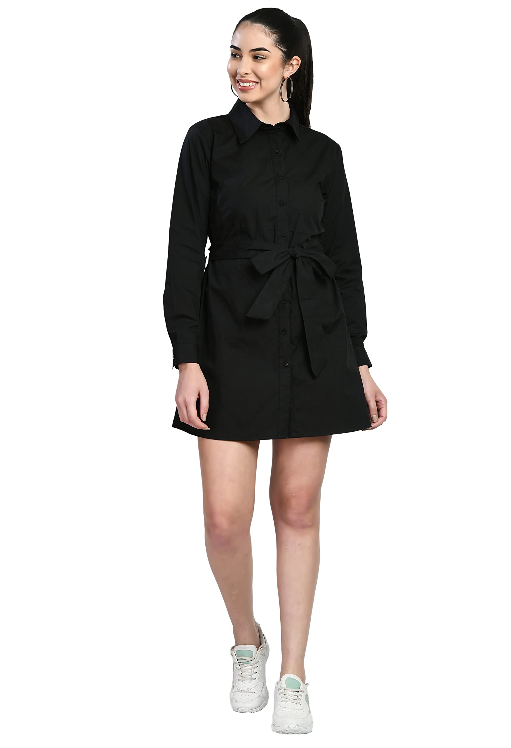 KLARTStylish Cotton Collared Shirt Flared Mini Dress with Waist Belt