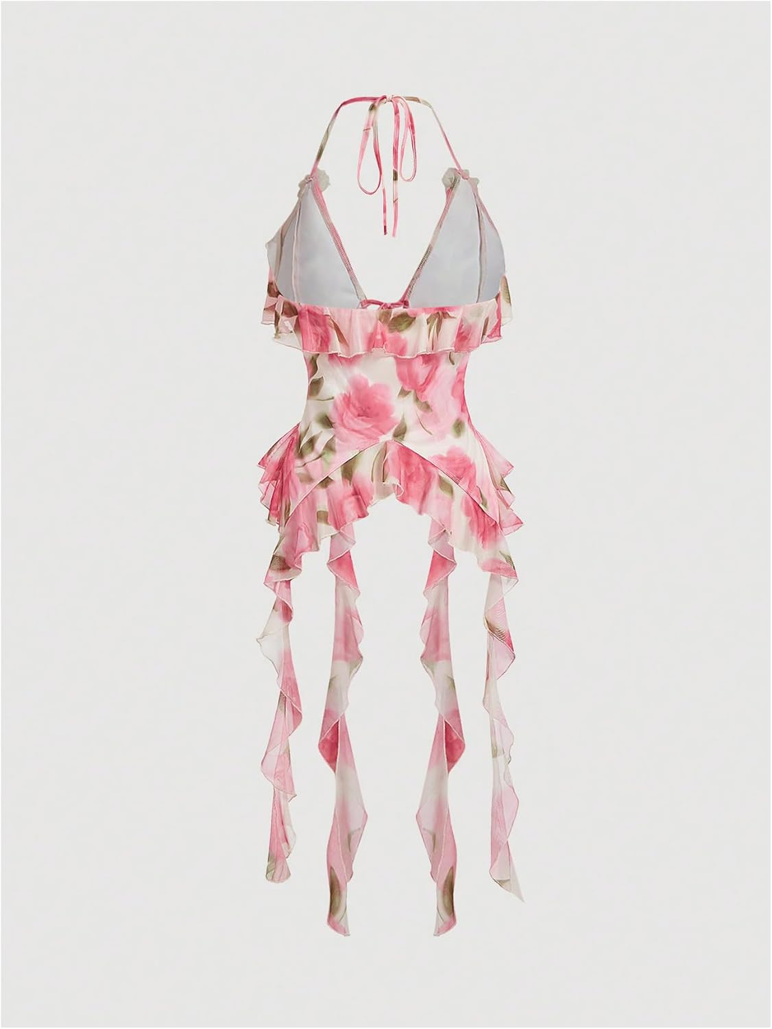 OYOANGLE Women's Floral Print Asymmetrical Ruffle Hem Camisole Halter V Neck Tie Front Fitted Y2K Tops - Image 3