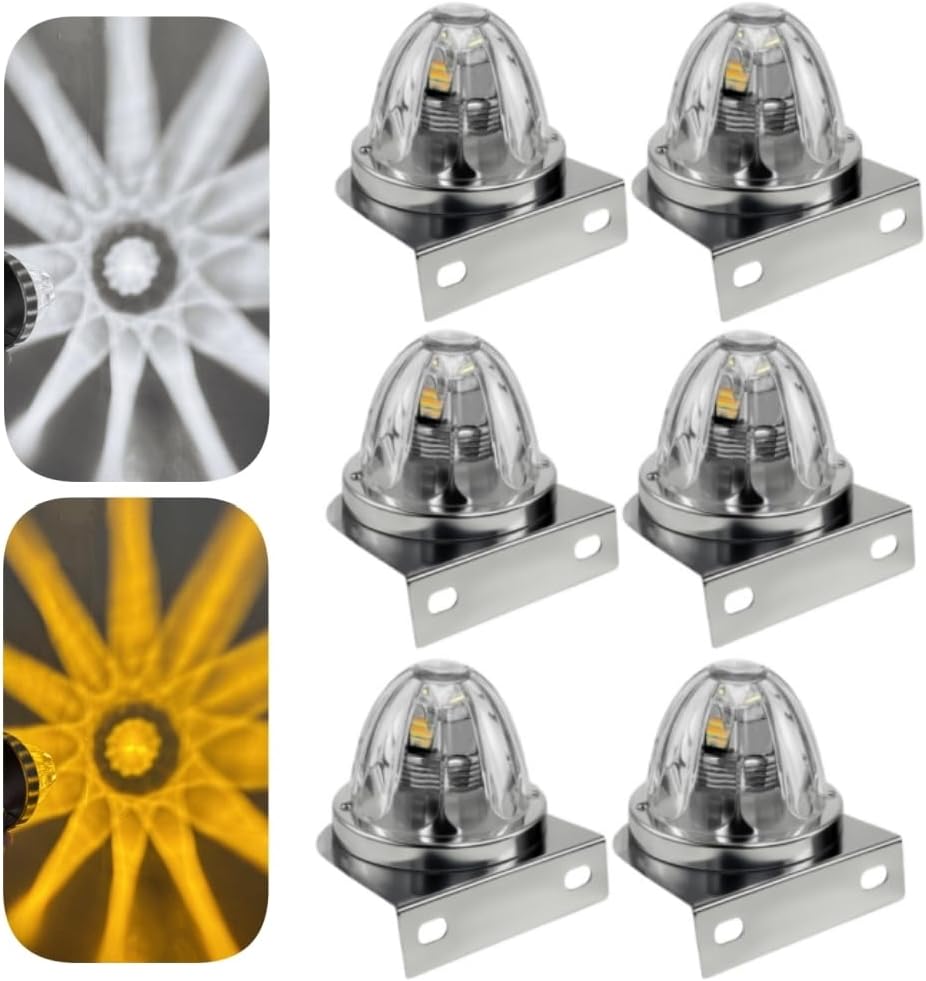 6 Pack Glass Watermelon Lights for Semi Truck with Stainless Steel Watermelon Light Bracket, Mini LED Star Watermelon Marker Trailer Light, IP67 Trailer Lights Exterior (White/Amber)