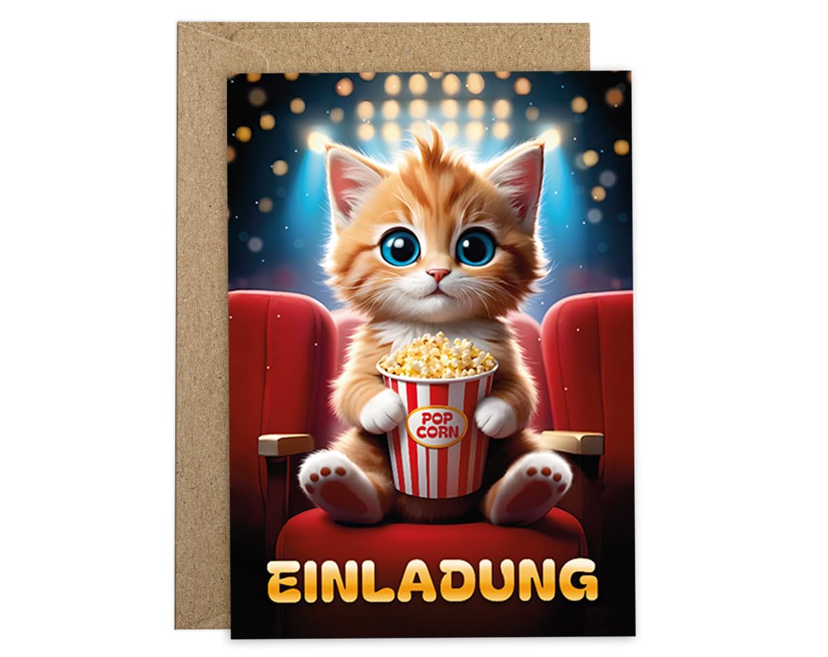 12 Einladungskarten incl. 12 Umschläge zum Kindergeburtstag Jungen Mädchen Kino Katze coole bunte Einladungen Geburtstag Kinder Jungsgeburtstag Mädchengeburtstag Cinema-Party Geburtstagseinladungen