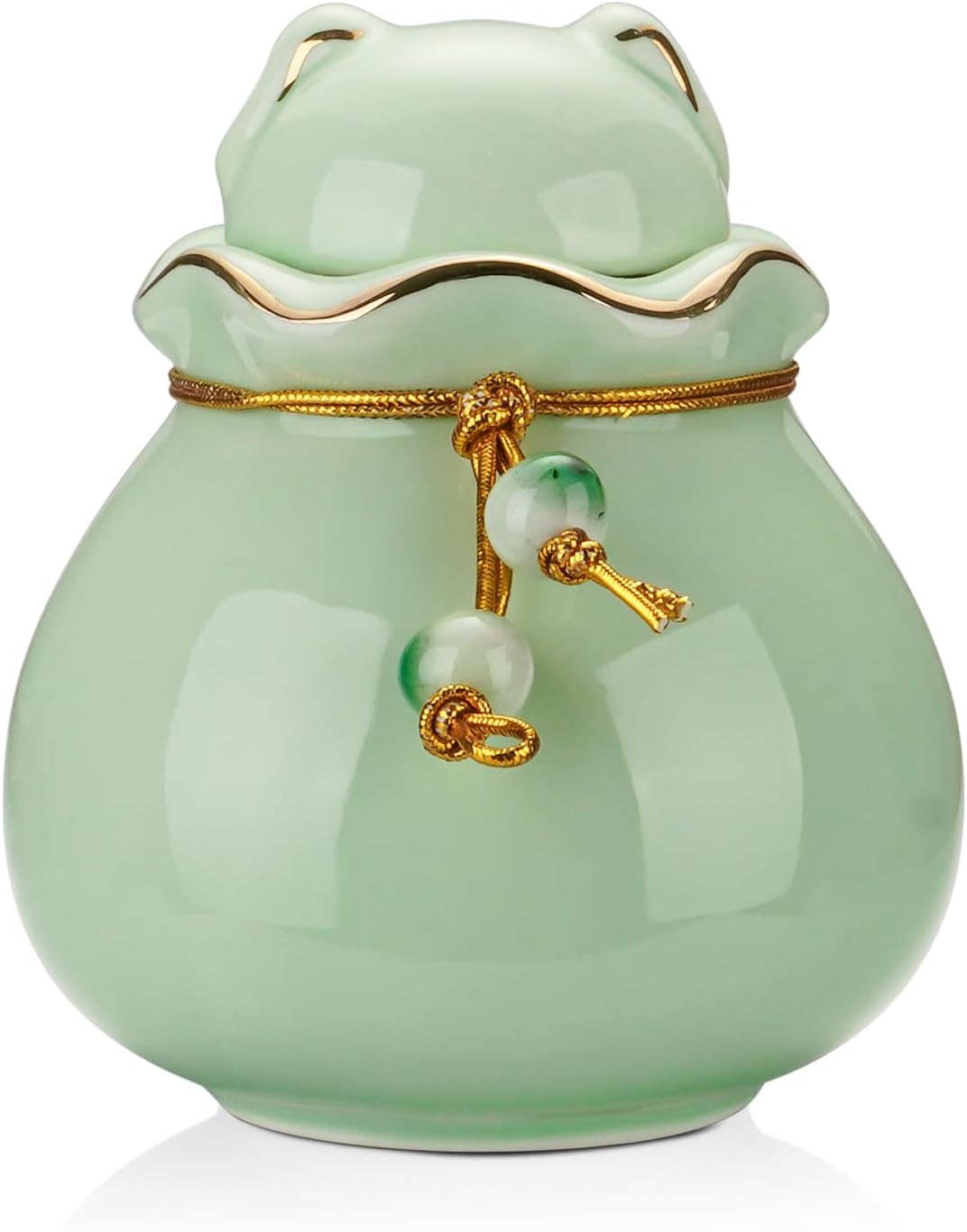 SOITIS Pet Memorial Urn for Cat or Dog Ashes - 3.54"x3.15" Elegant Ceramic Keepsake Holder with Pet-Shaped Lid & Gold Trim, Small Cyan Urn for Pet Ashes