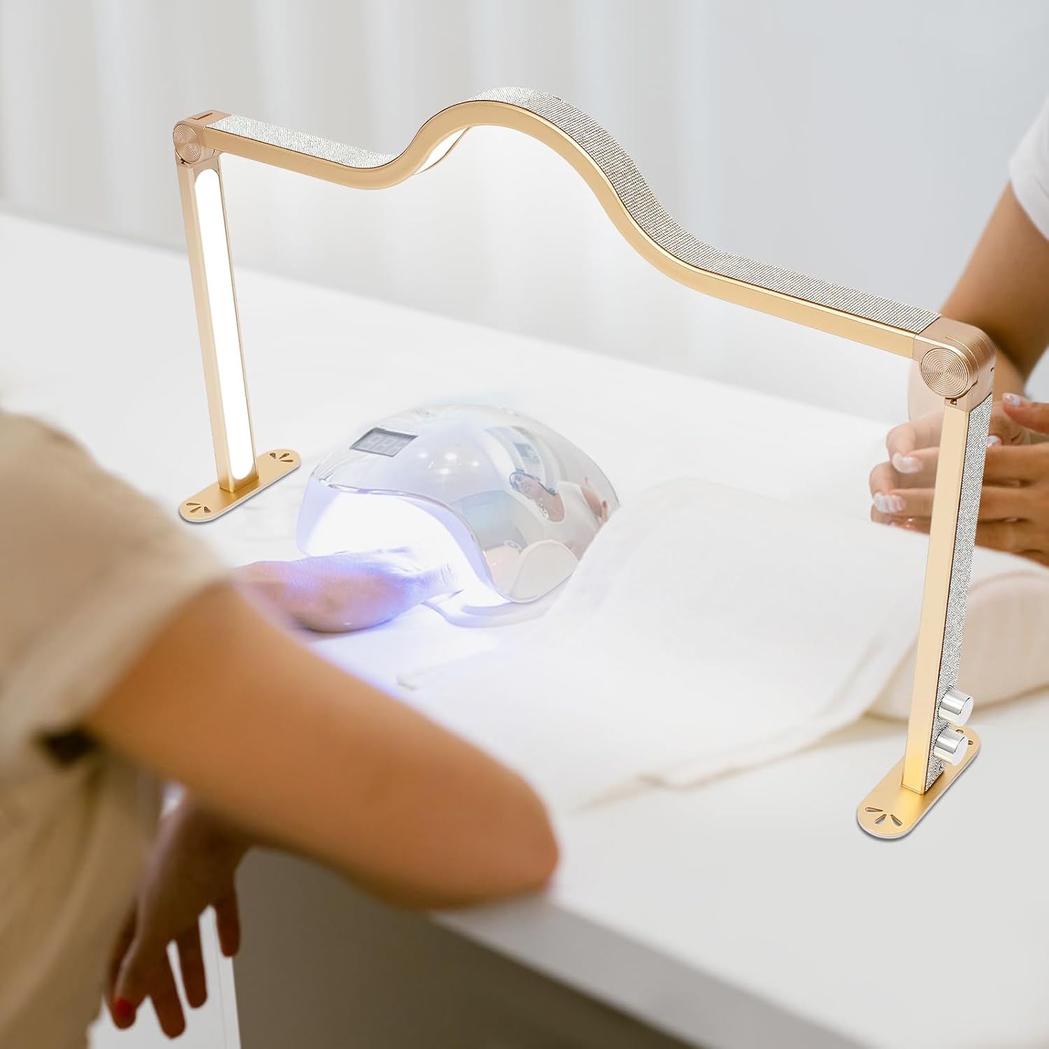 Upgraded Half Moon Light for Nail Desk,31In Foldable Nail Tech Lamp,3000-6000K Brightness Adjustable LED N ail L Ight for Desk,Lash Light Lamp for Beauty/Eyelashes/Tattoos/Crafts,Gold