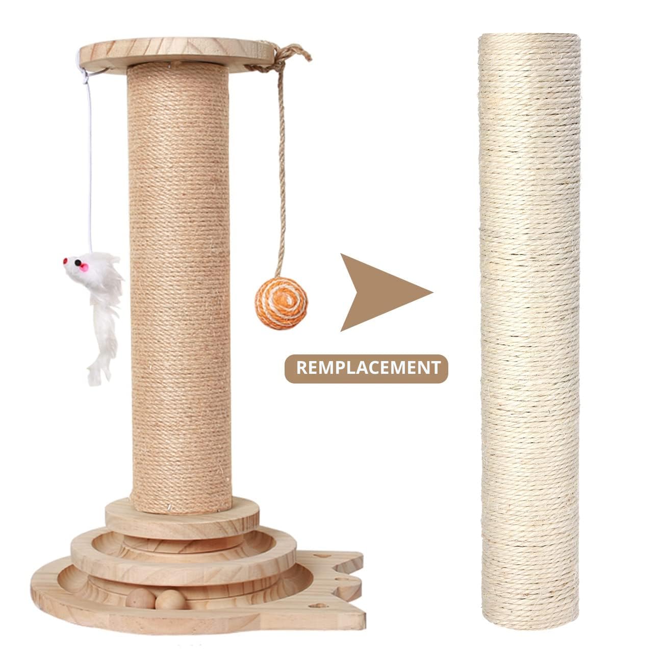 Griffoirs de Rechange en Sisal Naturel pour Chat - Diamètre 7cm- avec M8 Vis incluses- White (40cm+40cm)