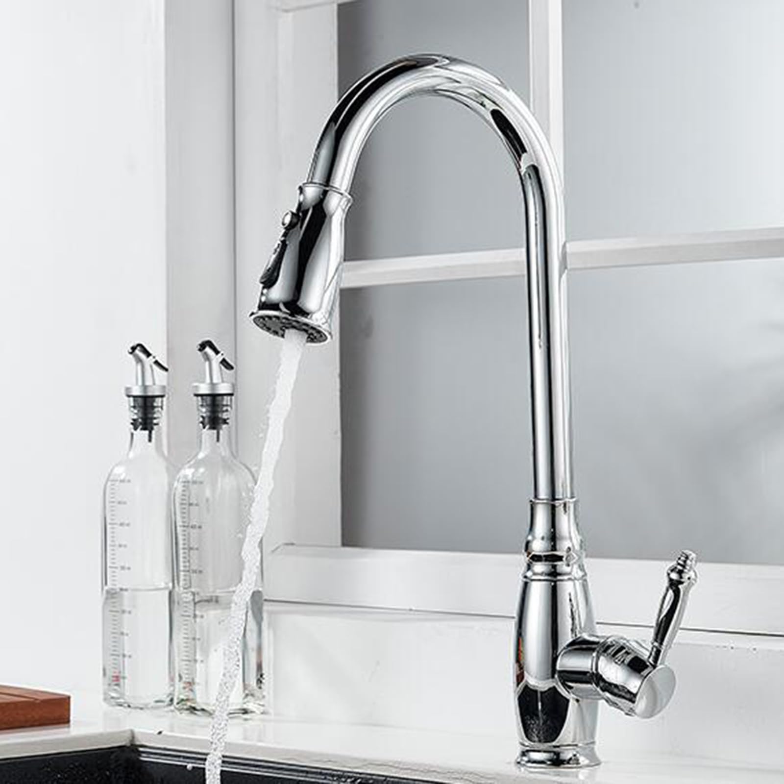 ZQFHSX Kitchen Mixer Tap with Pull Out Spray, Swivel 3 Mode Brass Single Handle, Antique Finish