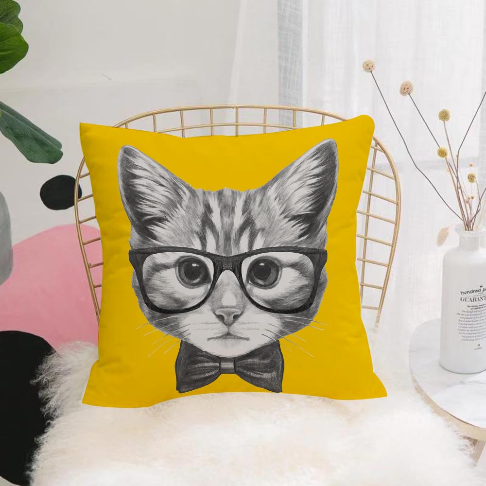 HYOSXW Cushion Cover,Throw Pillow Case Home Decorative for Living Room Bedroom Sofa Chair 16X16 Inch,Hand drawn portrait of Cat with glasses and bow tie. Vector isolated elements.,Pillowcase 40X40cm