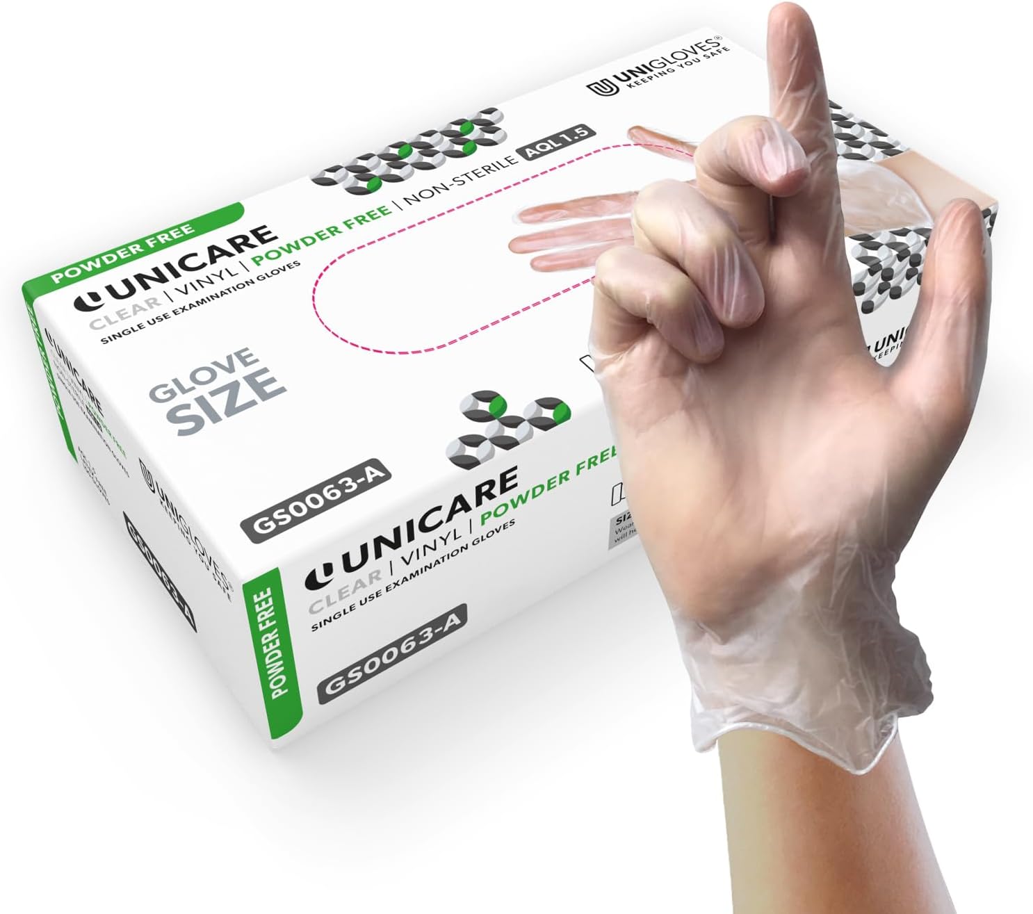 Unigloves Unicare Clear Vinyl GS0063-A Examination - Multipurpose, Powder Free and Latex Free Disposable Gloves, Box of 100 Gloves, Clear, Medium