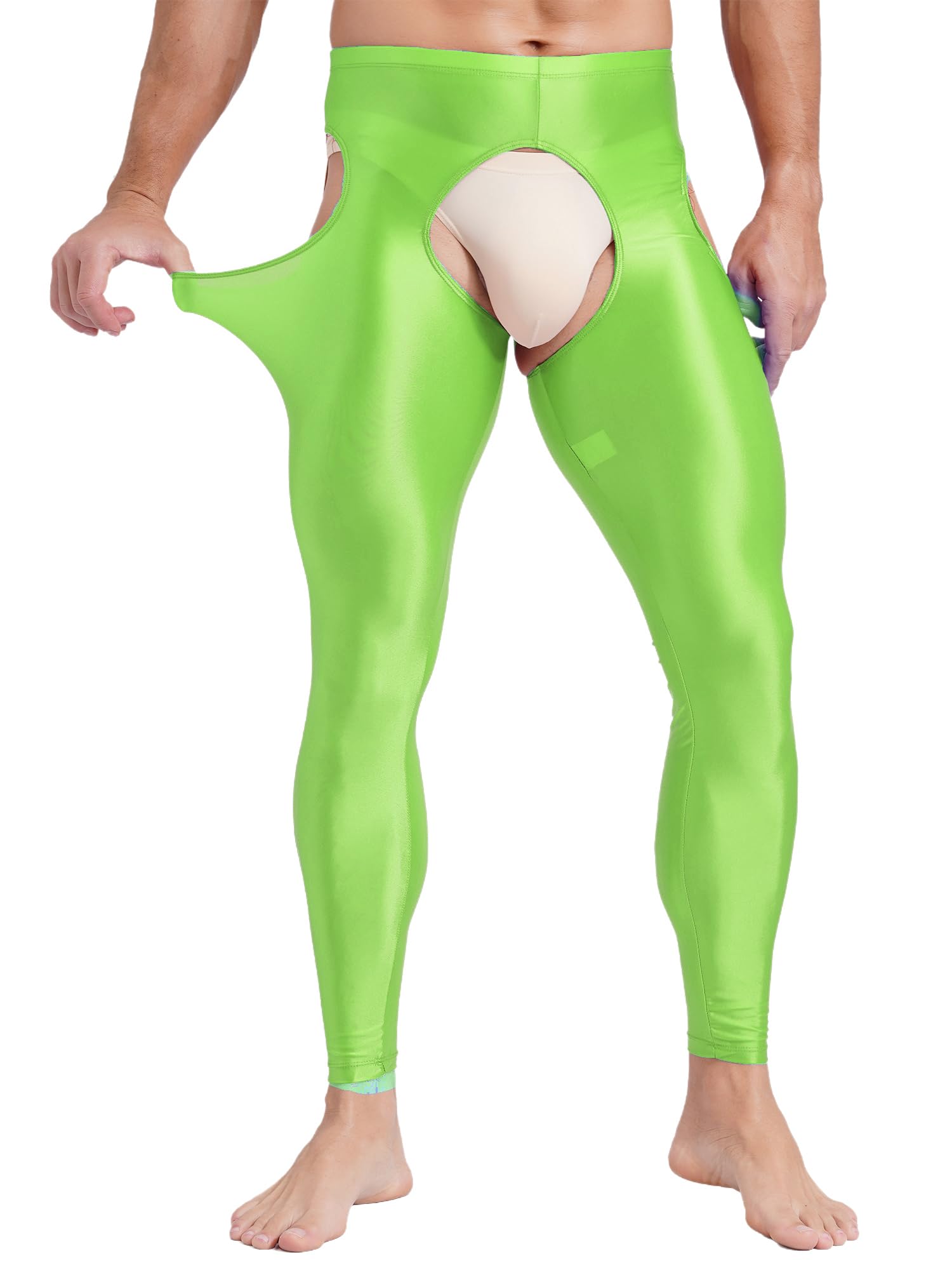 Vxuxlje Men's Oil Shiny Open Crotch Leggings High Waist Cut Out Leggings Compression Pants: Large Fluorescent Green