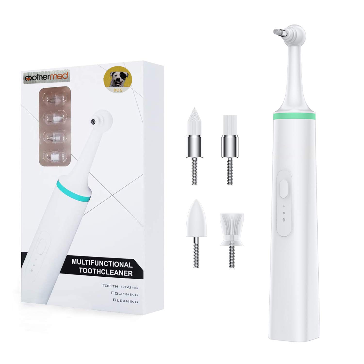 mothermed Dog Tartar Remove for Teeth Electric Teeth Polisher Plaque Stain Teeth Cleaner with 4 Brush Head Tooth Scaler Puppy Den tal Care Cleaning Toods kit for Dogs Cats