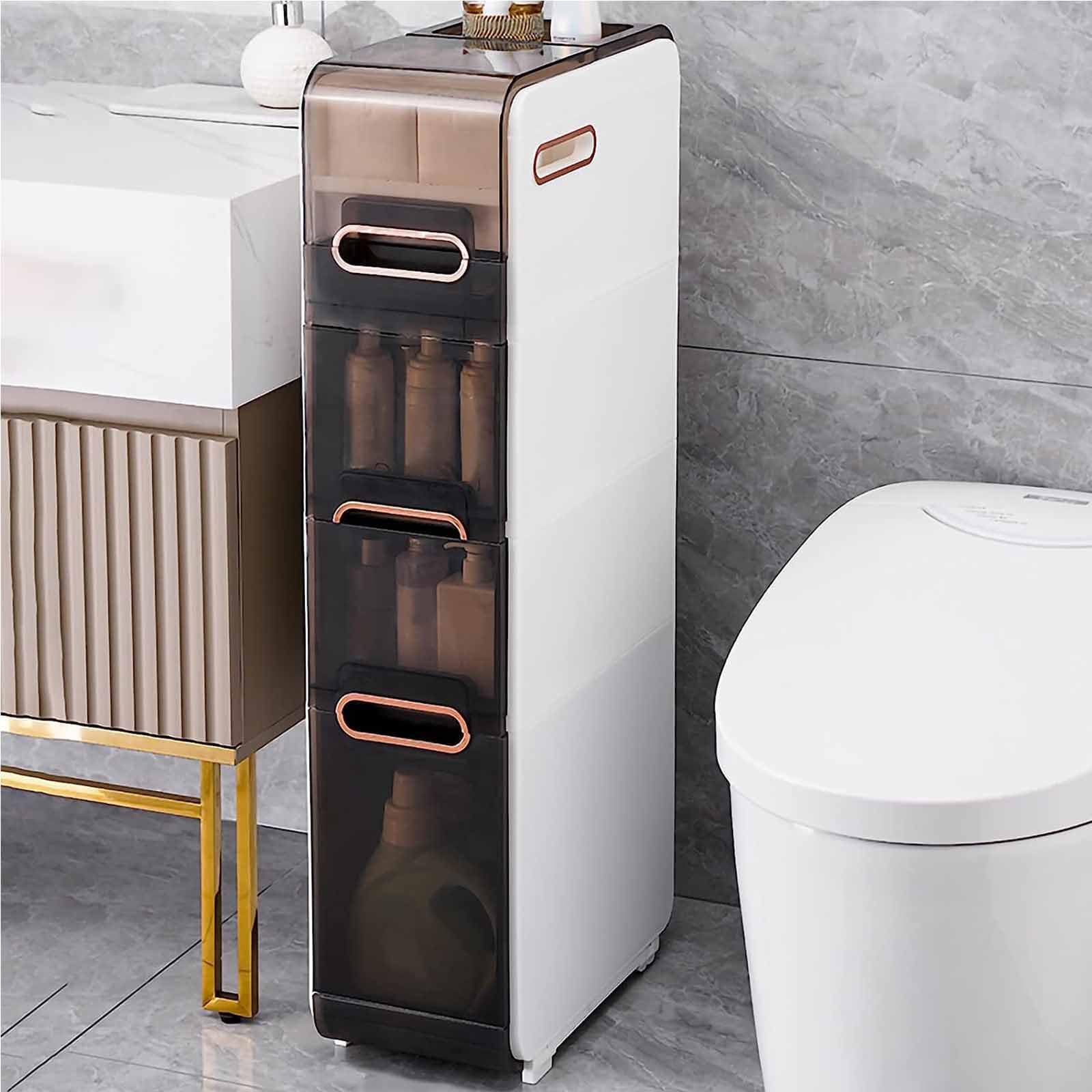 POLGDW White Slim Bathroom Storage Cabinet with Toilet Paper Holder Stand Free Standing Design with Slide Out Drawers for Kitchen Laundry Living Room Large Capacity Gap Organizer