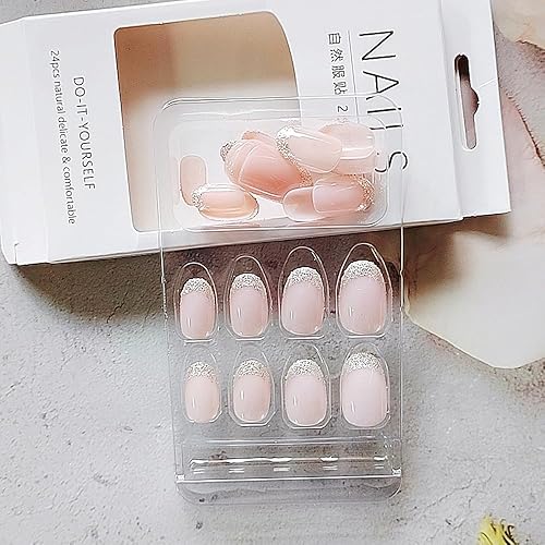 Miniatura 4 de Juego de 24 uñas postizas a presión color rosa nude, uñas postizas cortas a presión, punta francesa con purpurina plateada, puntas de uñas de diseño