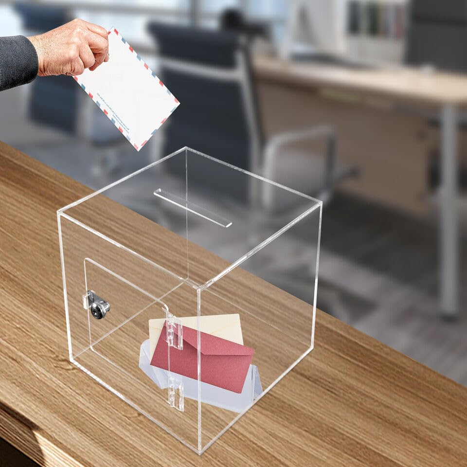 Image of Transparent Acrylic Donation Box Daan Patra Visiting Card Drop Box Ballot Box Durable with key facility for Charity & Suggestion Collection (6 * 6 * 6 inch)