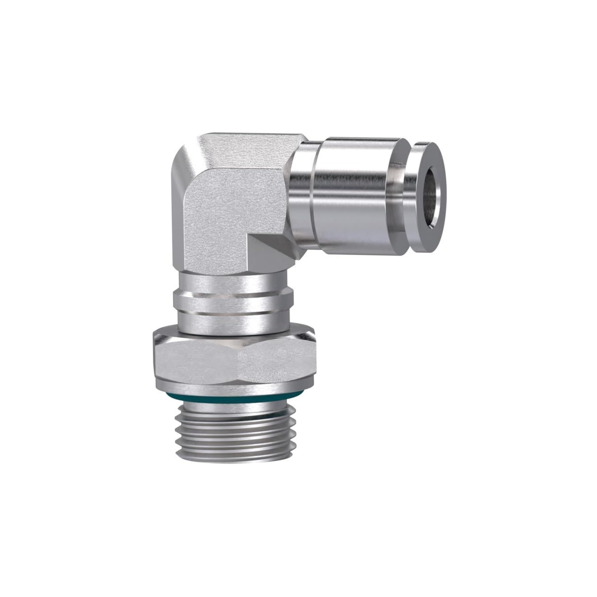 Racor en L, giratorio, G 3/8 A, para manguera de diámetro exterior de 10 mm, presión de trabajo máx. 20 bares, acero inoxidable 1.4404.