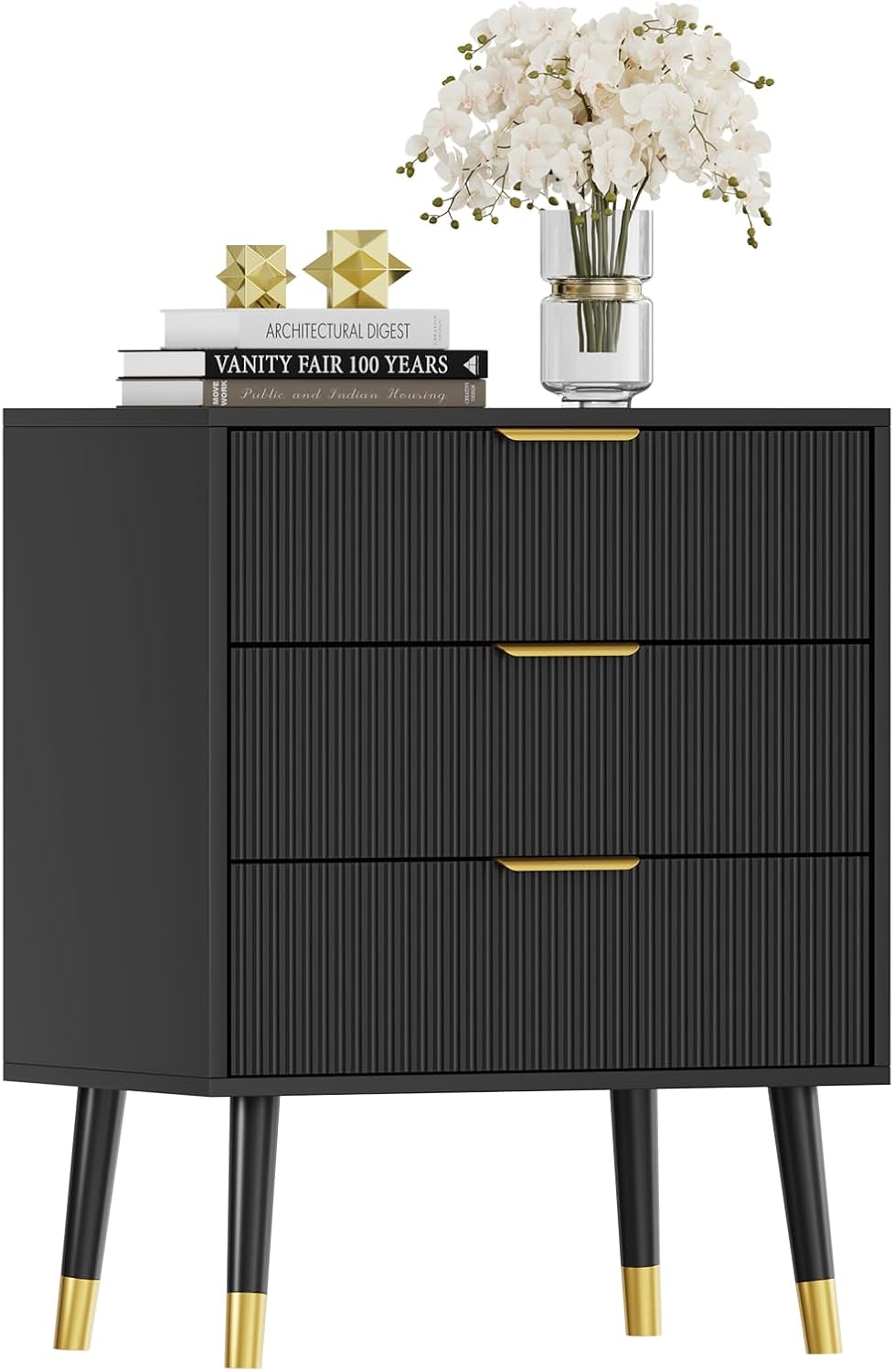GarveeHome Fluted 3 Drawer Dresser Set of 2, Large Modern Nightstand Cabinet with Gold Metal Handles, End Table Wood Chest of Drawers for Bedroom, Living Room, Hallway- Black