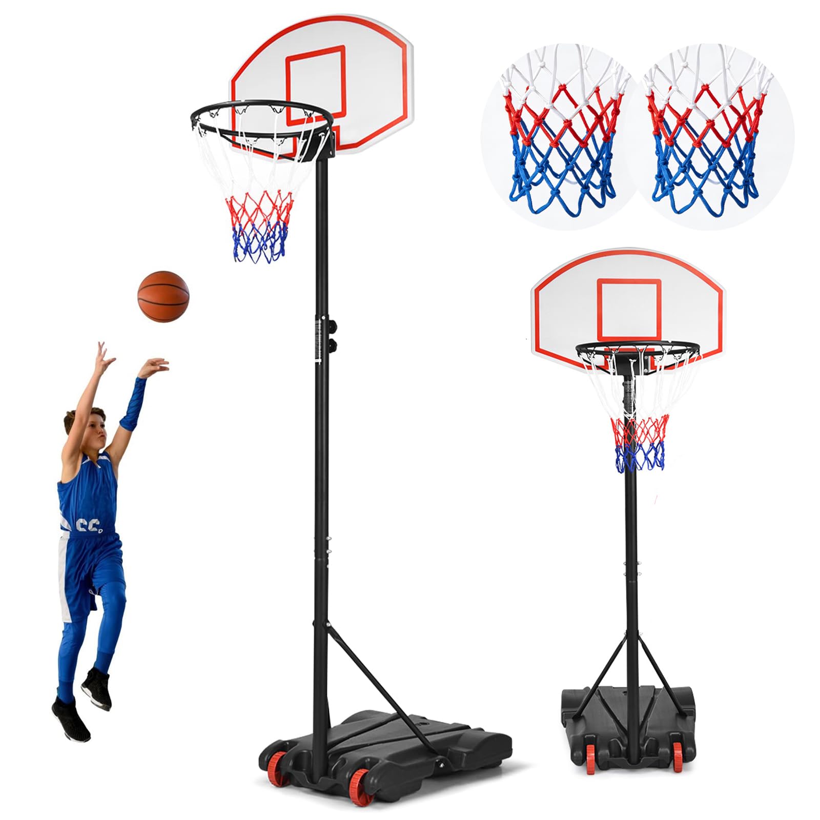 GYMAX Panier de Basket-Ball Extérieur pour Enfants, Hauteur Réglable 178-208cm, 2 Filets Inclus, Mobile avec Roues, Base Remplissable d'eau 25kg ou Sable 30kg