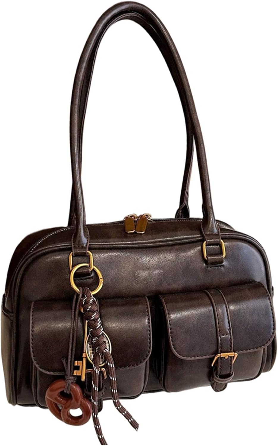 Y2k Shoulder Bag PU Leather Vintage Purse with Pendant Large Capacity Top Handle Y2k Purse for Shopping Work Travel