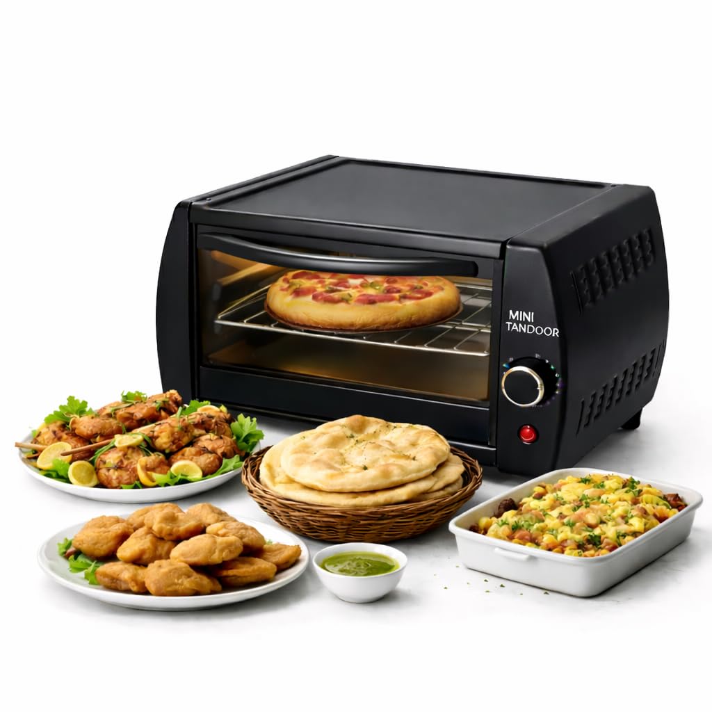 Mini tandoor oven – countertop Oster Black and Decker ovens, compact kitchen size & convection air fryer toaster oven for pizza, naan, chapati. Tabletop chefs bake include baking tray, grill & tongs.