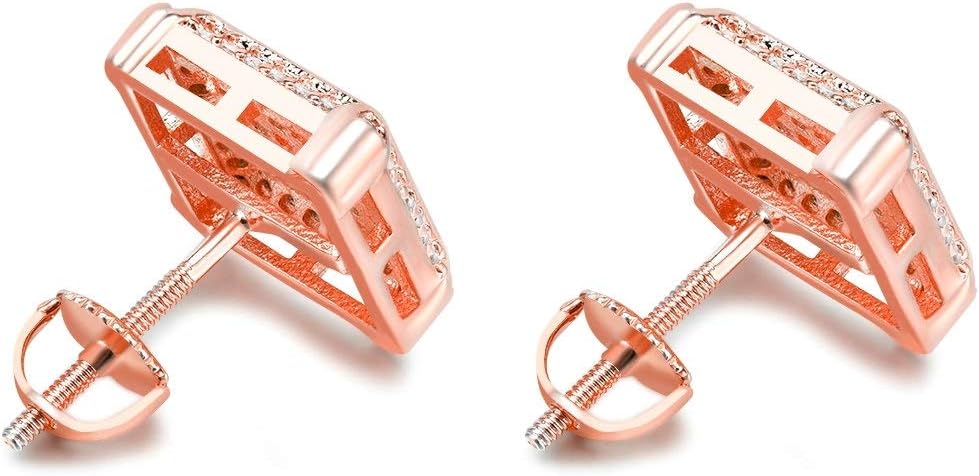 18K Gold Plated 925 Sterling Silver Iced Out Cubic Zirconia Screw Back Square Stud Earring For Men and Women Hypoallergenic Earring TwoTone Micropave Hip Hop Jewelry-Rose Gold