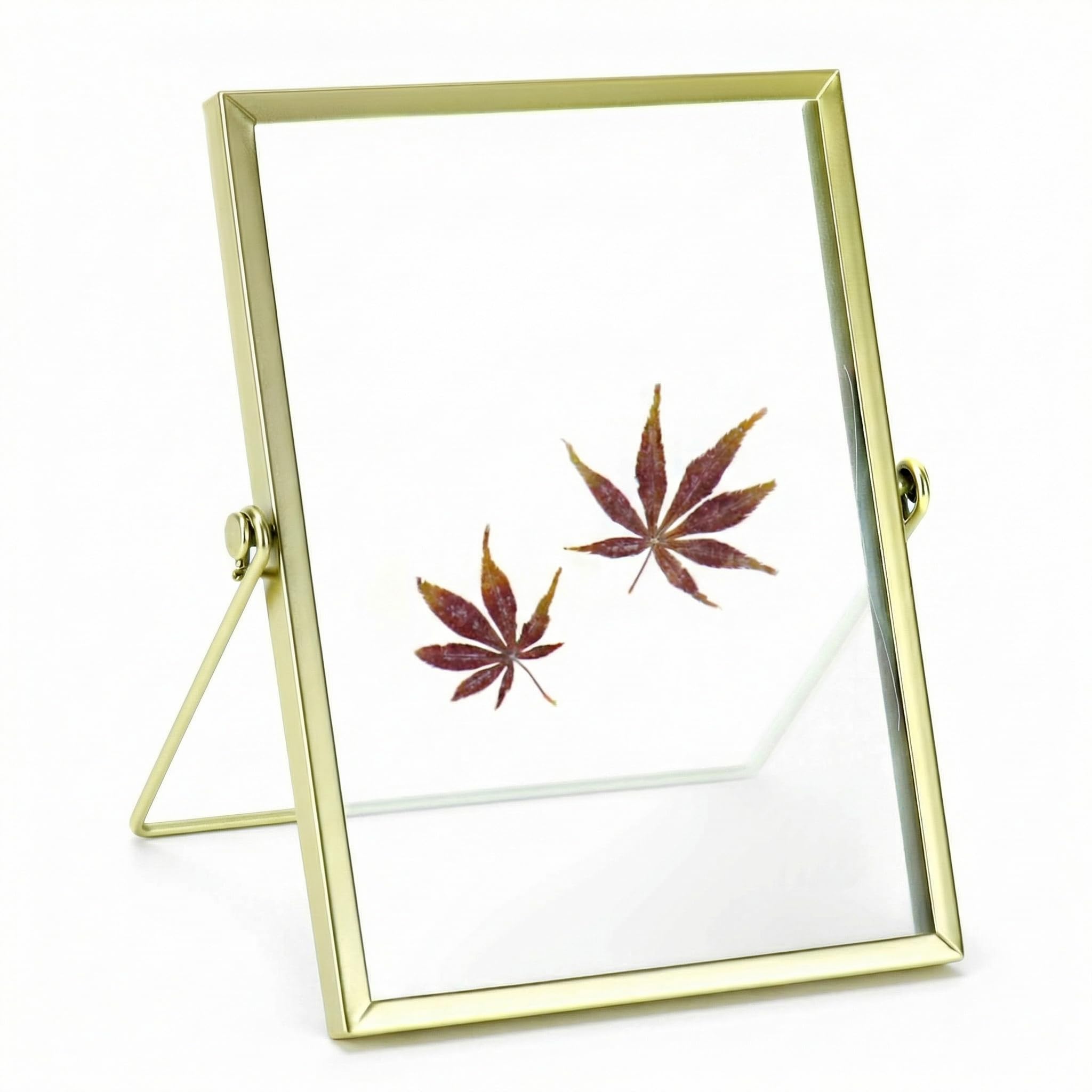 Qwork Golden Qwork® Gold Floating Picture Frame 6X8 Inch, Tabletop Glass Frame For Photos, Pressed Flower & Leaf Artwork, Botanical Display