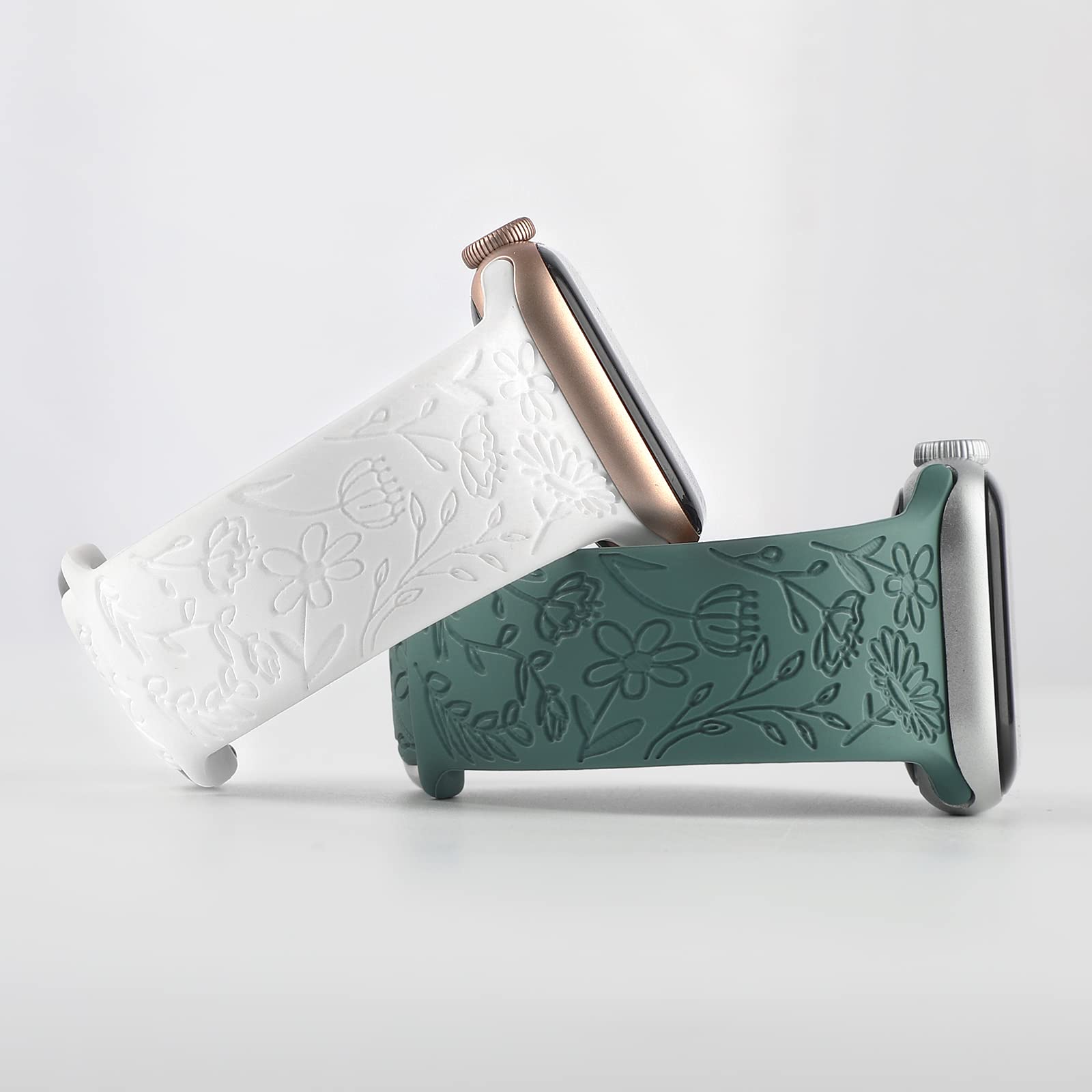 2 Pack Flower Engraved Sport Strap Compatible with Apple Watch Bands 38mm 40mm 41mm, Women Floral Laser Soft Silicone Wristband Replacement iWatch Series 8 7 6 5 4 3 2 1 SE (White Green, 38/40/41mm)