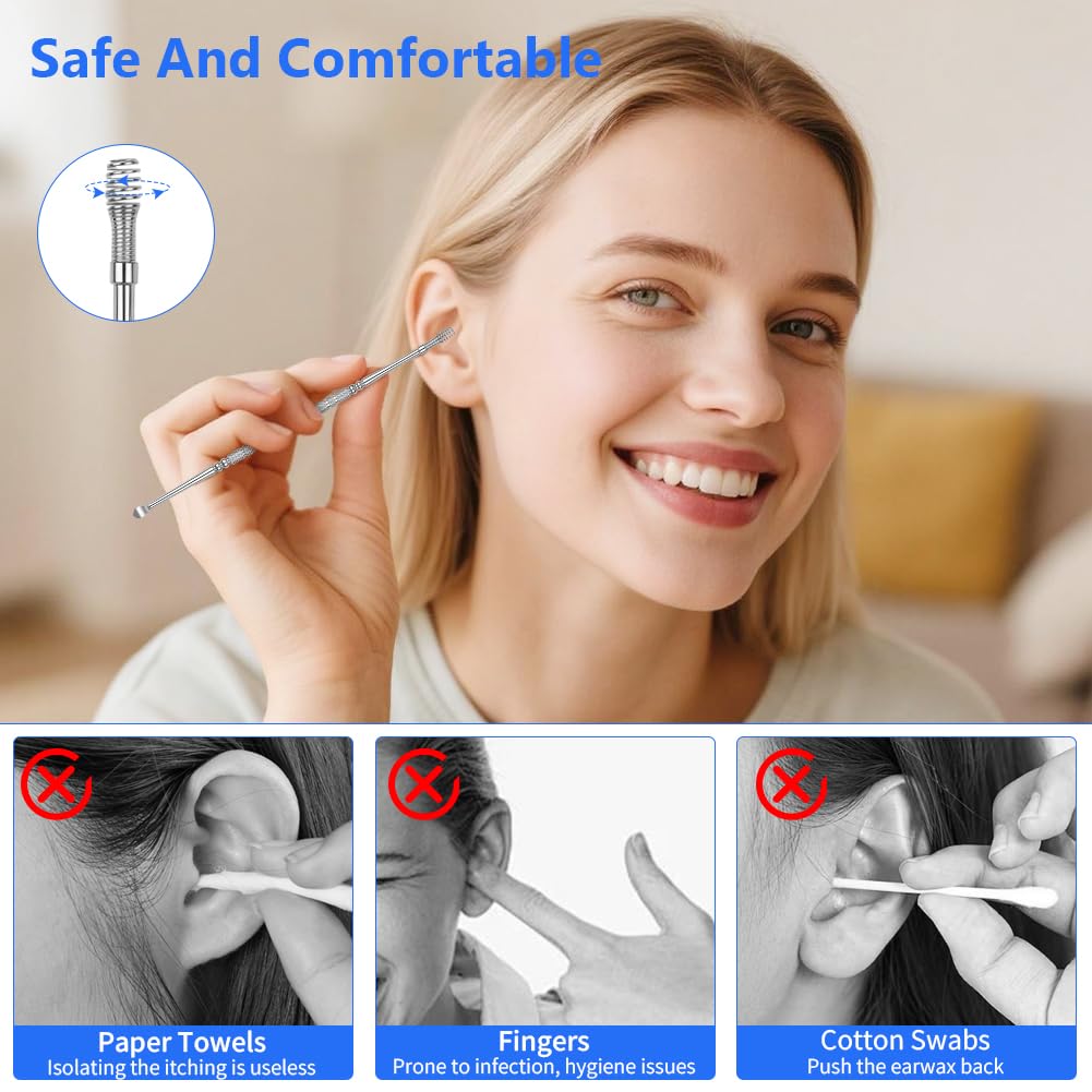 Kit Pulizia Orecchio, 8 Pezzi Strumenti per Pulizia dell’Orecchio in Acciaio Inox, con Scatola Portaoggetti, Detergente per Orecchie Igienico Riutilizzabile per Adulti e Bambini- Argento