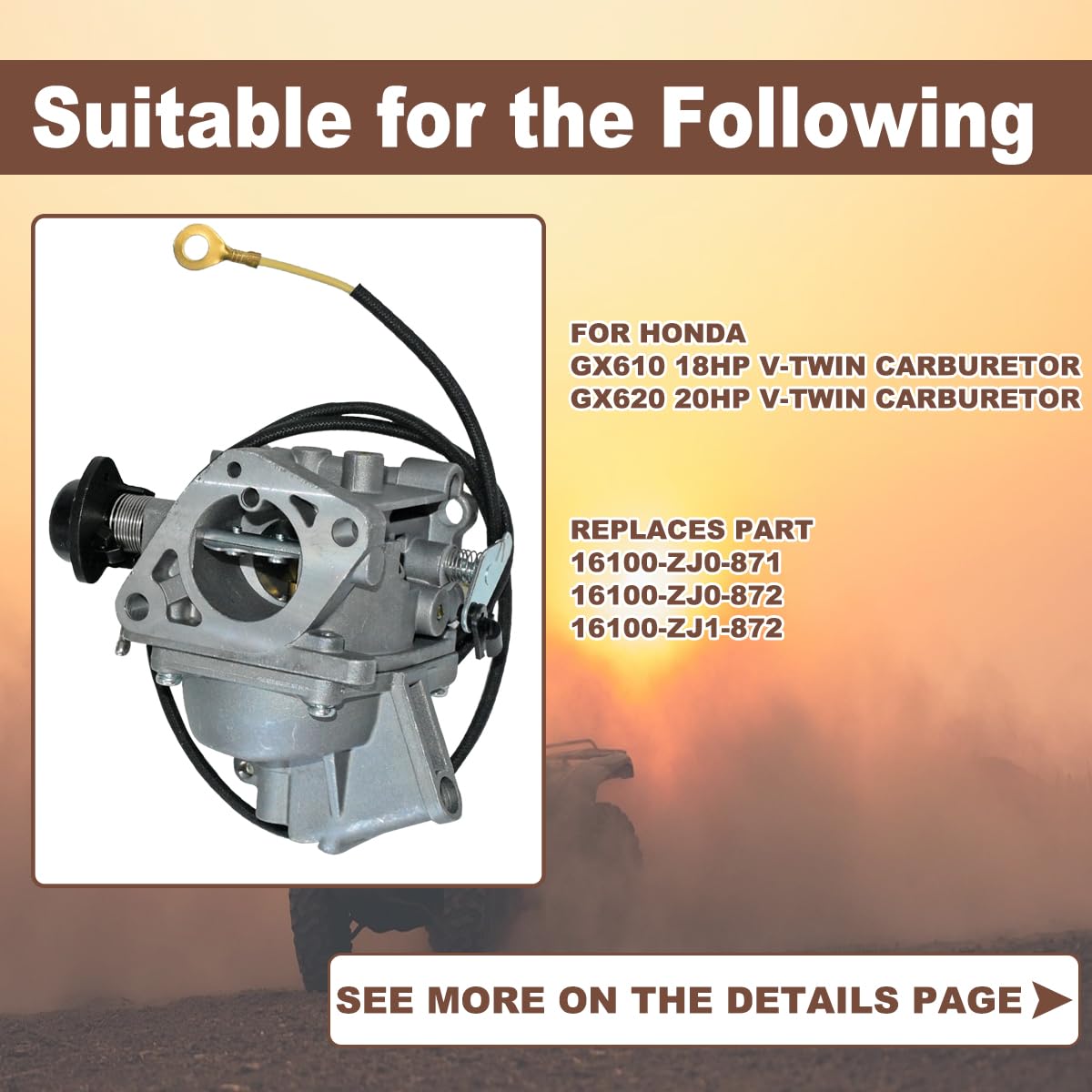 Carburateur Pour Moteur Honda GX610 18HP Et GX620 20HP (V-Twin) – Référence 16100-ZJ0-871, Remplacement Horizontal