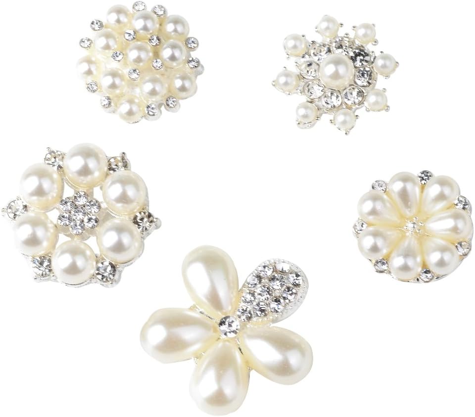 ECANVAS 5 Pieces Mixed Crystal Rhinestone Pearl Flatback Buttons Flower Embellishment Sewing Scrapbooking Wedding Craft