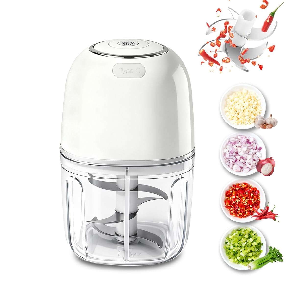 Electric Garlic Chopper, 350ML Portable Veggie Chopper 6Stainless Steel Blades Rechargeable Mini Food Processor Grinder Masher Onion Vegetable Blender for Nut Ginger Chili Herb Minced Meat Spice