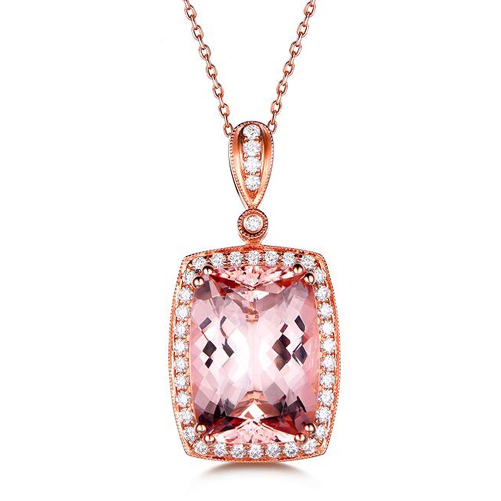 Gorgeous Fashion Genuine Morganite Gemstone Diamond 14K Rose Gold Engagement Promise Necklace Pendant for Women