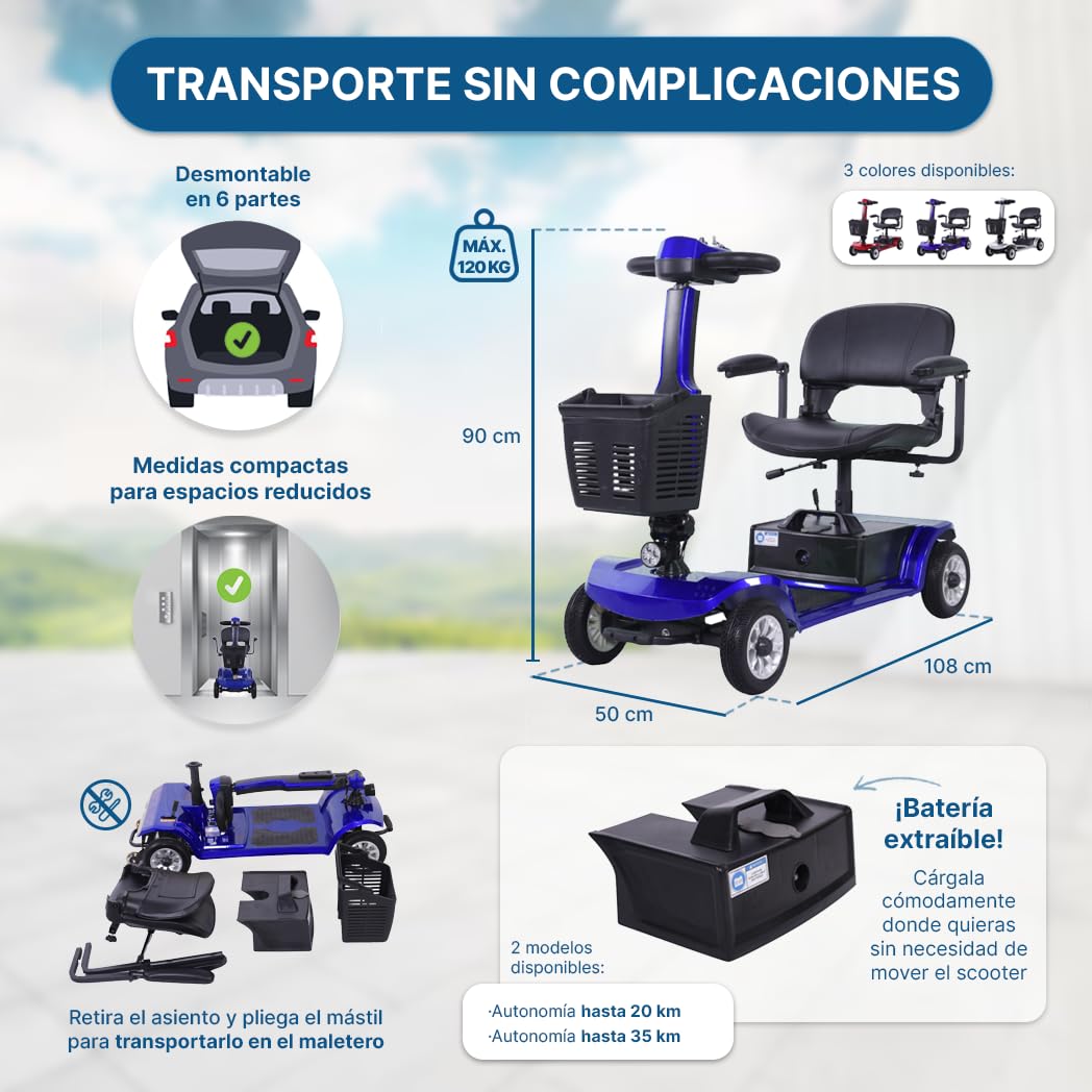 Vehículo de Movilidad 4 Ruedas Plegable Desmontable Batería Extraíble Ideal Pasillos y Ascensores 120 Kg Dortomedical®