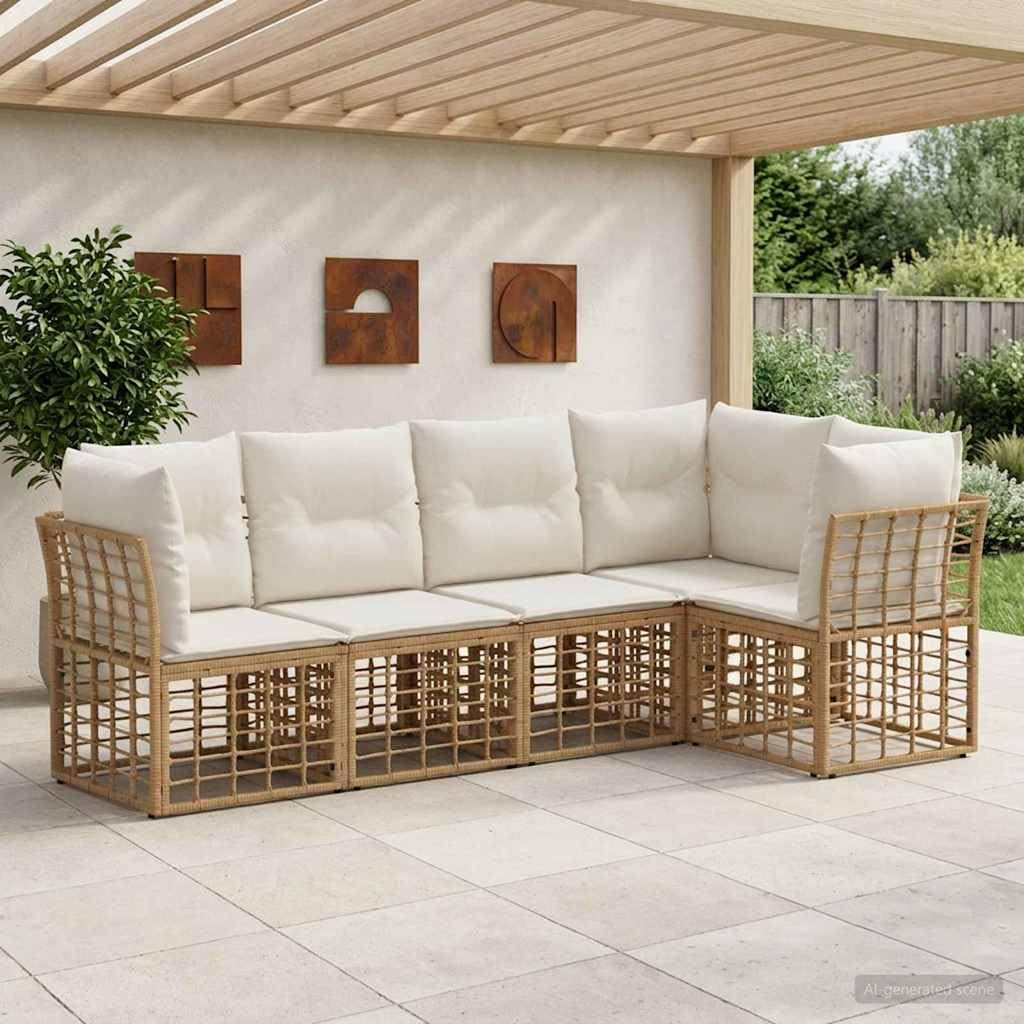 Ensemble de canapés d extérieur modulaire Naturel en Polyester, 5 Places avec Coussins, Cadre en Poly Rattan, pour Patio Balcon terrasse Jardin, détente