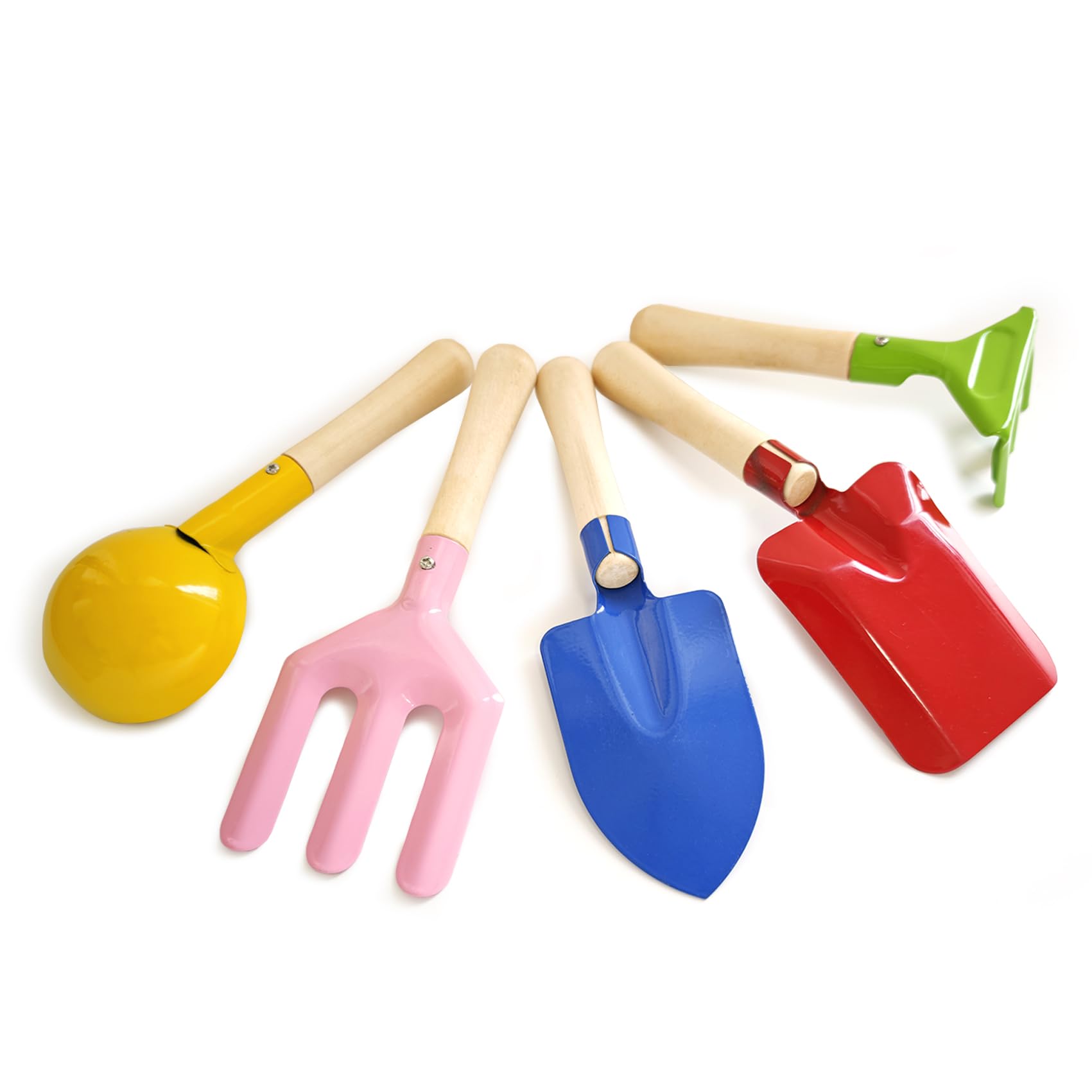 KY-Tech Kids Gardening Tool Set 5 Piece Childrens Gardening Set 8" Kids Garden Tools Made of Metal with Sturdy Wooden Handle Gardening Spoon, Fork, Trowel, Rake & Shovel for Kids
