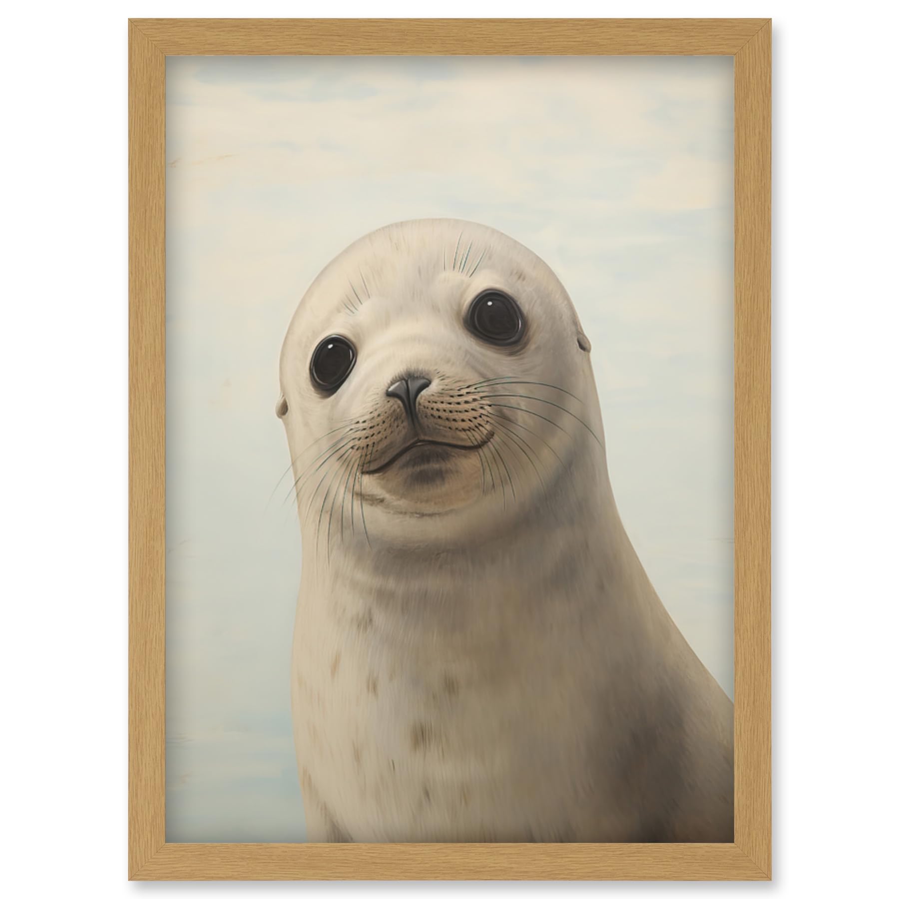 Artery8 Adorable Baby Seal Pup Portrait Oil Painting Calming Kids Bedroom Cute Arctic Animal Artwork Framed Wall Art Print A4