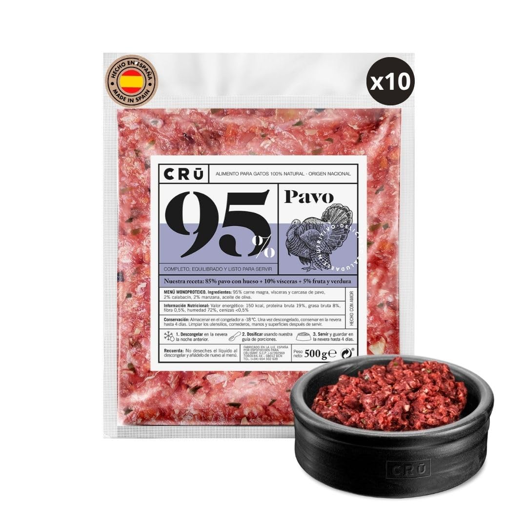CRU - Comida para Gatos Cruda y Natural de Pavo - Dieta Barf para Gatos Junior y Adultos - Comida Congelada para 1 Mes - 10 Paquetes de 500g. (10 Paquetes, Pavo)