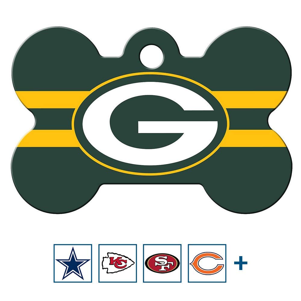 GoTags Personalized Green Bay Packers Dog Tag, Brass Metal Bone Shape Pet ID Tag Engraved with Name and Custom Text, Every NFL Football Team Pet