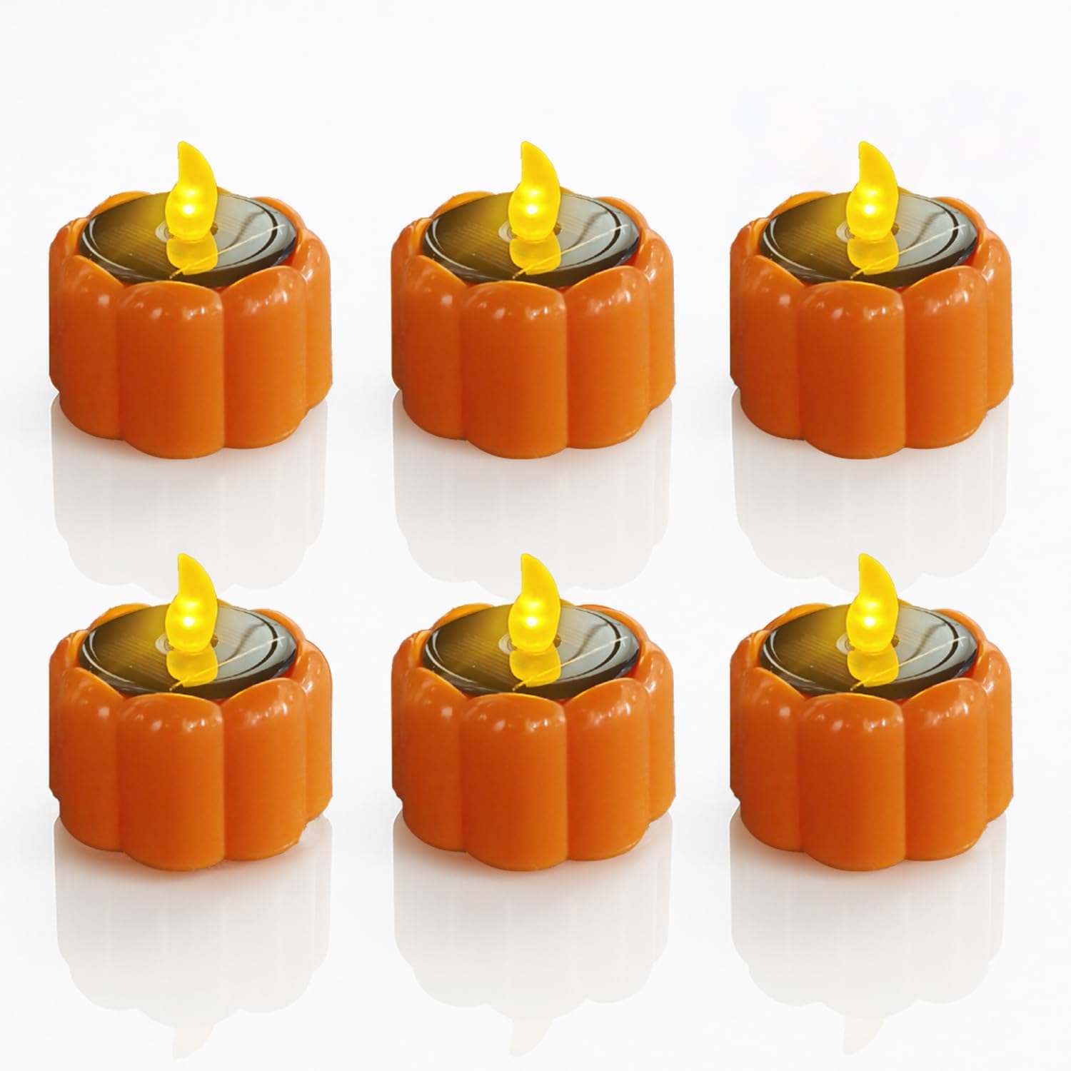 6PCS Orange Solar Pumpkin Tea Lights Outdoor Candle,Autumn Flameless Candles Battery Operated IP44 Waterproof Reusable for Halloween Christmas Party,Fall Garden Camping Home Decor