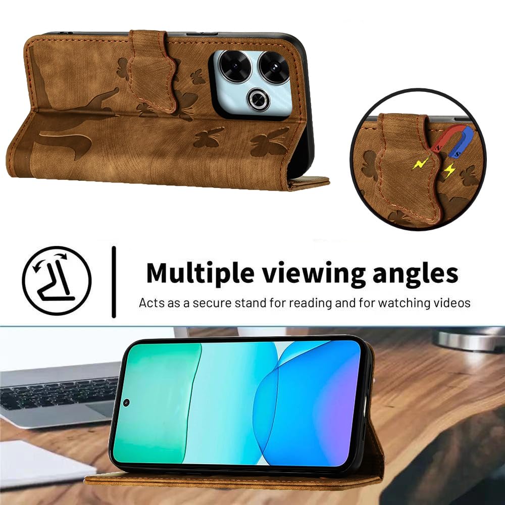 LSPCASA Phone Case For Xiaomi Redmi 13 6.79 inch Premium PU Leather Material Xiaomi Redmi 13 Case With Card Slots Cat Butterfly Pattern Xiaomi Redmi 13 4G Case Brown - Image 4