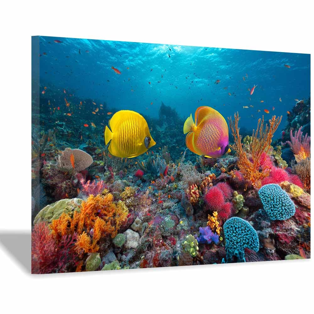 HOQIU Beautiful wall art Yellow Butterflyfish Reef canvas artwork for wall, art prints, For living room, bedroom, bathroom, dining room, painting and decor.(Multicolor)-60x80cm Framed