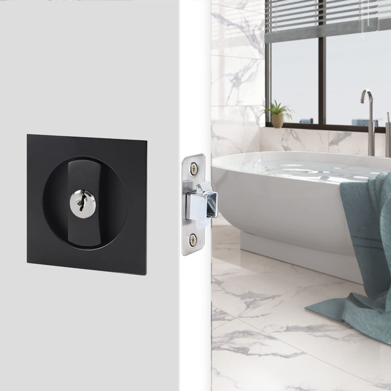 Dontay Pocket Door Lock with Key, Contemporary Entry Square Sliding Barn Door Lock Latch, Recessed 2 Sided, 2 3/8" Backset, Invisible Hardware for 1 3/8â€? to 2 3/16â€? Thickness Door (Matte Black)