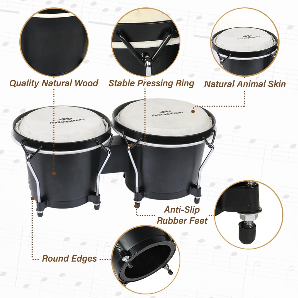 Bongo Schlagzeug für Erwachsene und Kinder, Anfänger, Profi, 2 einstellbare Drum-Sets, 15,2 cm und 17,8 cm, natürliches Tierleder, versteckte Walnussmuscheln, Holz und Metall mit Schlüssel