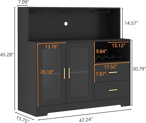 Miniatura 10 de Auromie Armario de bar de vinos con luz LED, gabinete de café para el hogar con estante para vino y vidrio, aparador de cocina con gabinete y