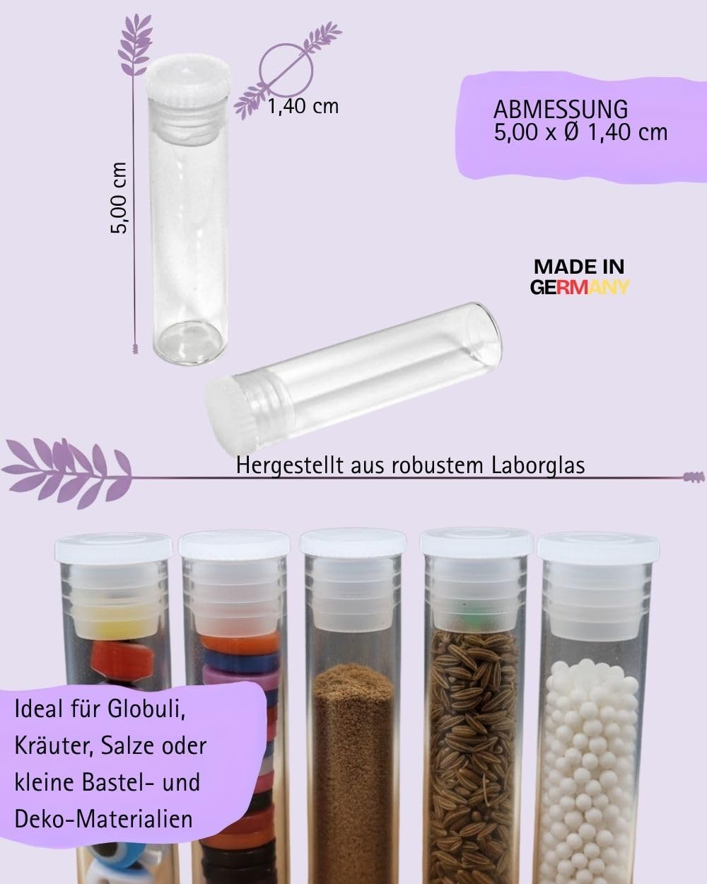 288 Stück Flachbodengläser 50 x Ø14mm, klar, für Globuli, Pulver, Testsätzel, feste Substanzen, inklusive Stopfen, Lamellenstopfen