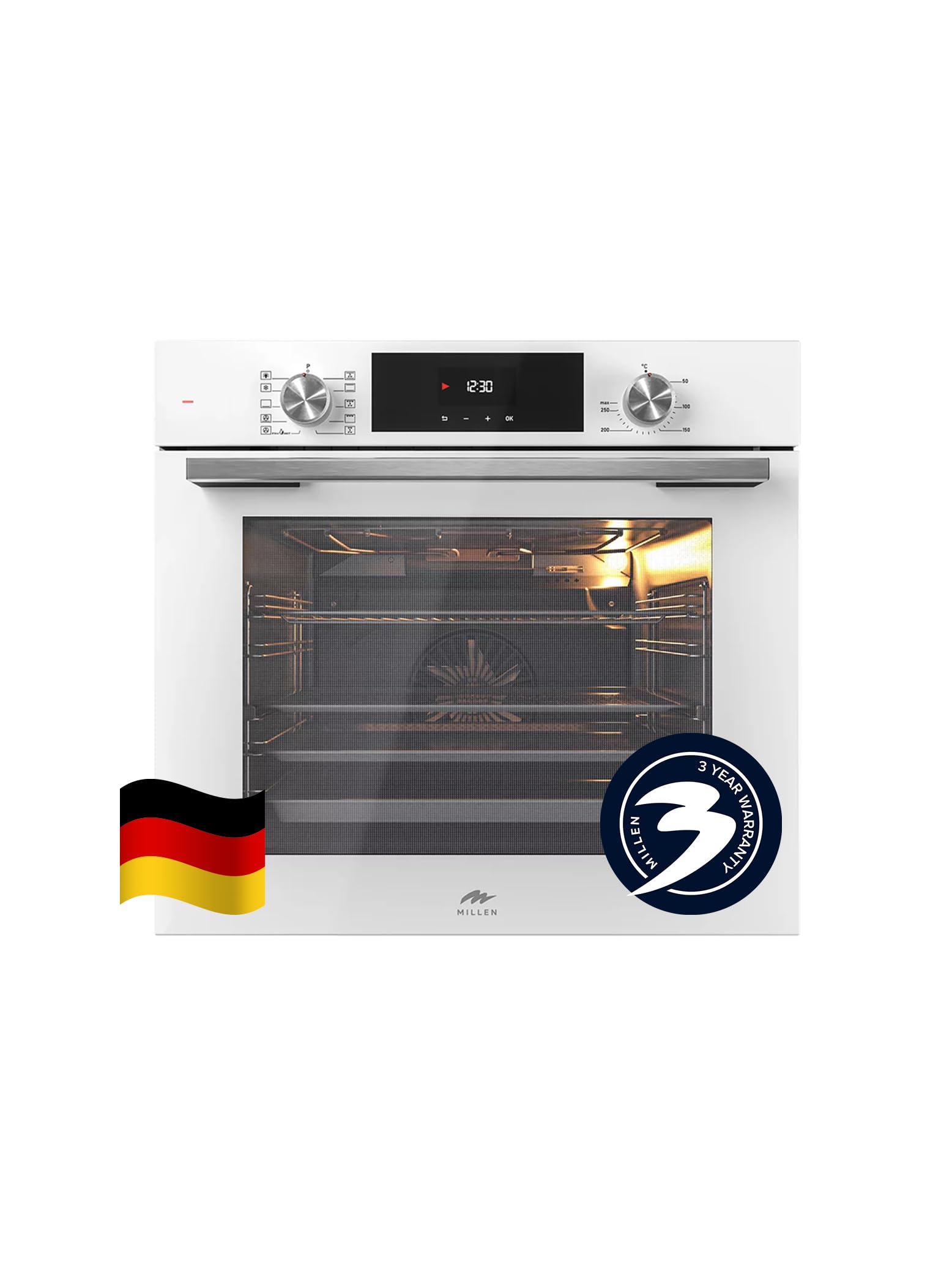 MILLEN MEO 6004 WH Premium 73L Electric Oven - Energy Class A, 10 Cooking Modes, 60 cm, SCHOTT Double Glass Door, Glass finish, Mechanical and Touch Control with Timer, 3 Year Warranty