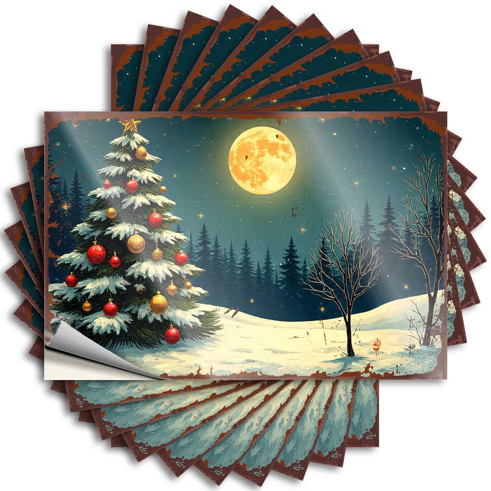 Funny Sticker House Stuff | Lover Window Full Moon Glows Over Snowy Christmas Landscape with Decorated TRE for Water(12X18CM)