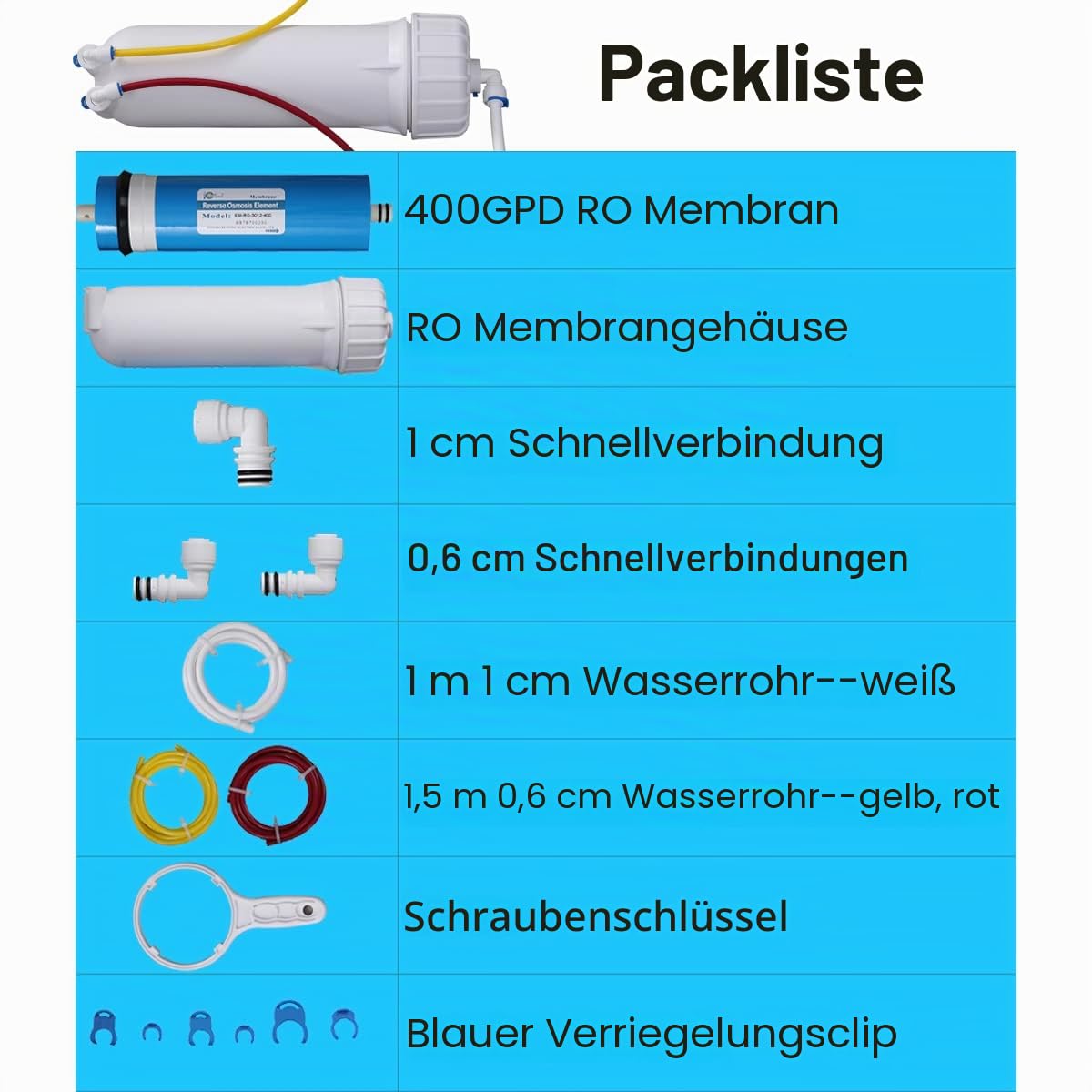 HUINING 3012-400GPD Umkehrosmose-Membran-Set, 3/8 1/4 Schnellkupplung, Wasserschlauch, kompletter Schlüsselsatz, kompatibel mit dem Hauswasserfiltersystem.