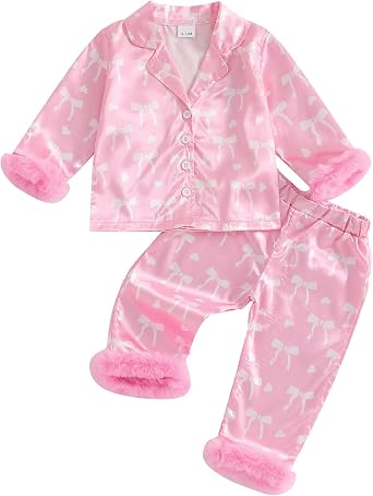Douhoow Toddler Baby Girls Silk Satin Pajamas Set Feather Trim Long Sleeve Botton Shirt Tops Pajama Pant Fuzzy Lounge Pjs