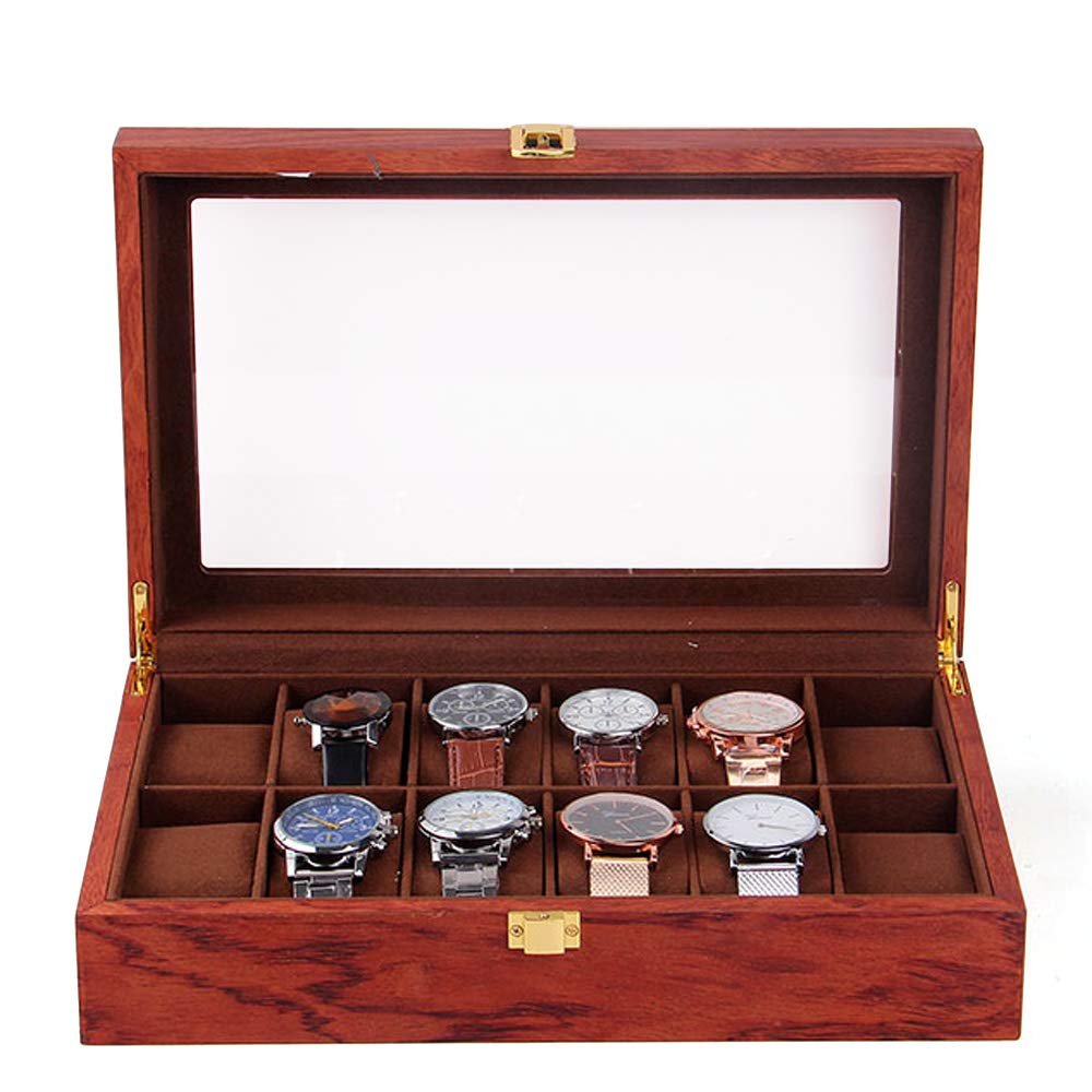 Eapmic Vintage Wooden Watch Box Display Organizer Rosewood Grain Jewelry Storage Case Chest with Glass Top Holds (12 Slots)