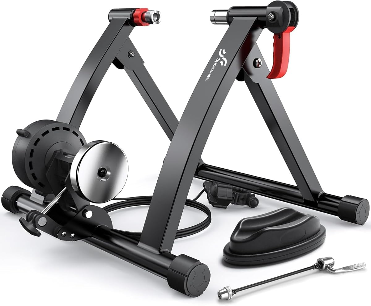 Sportneer Bike Trainer: Magnetic Stationary Bicycle Trainers for 26-28" & 700C Wheels - Adjustable 6 Level Bike Trainer Stand for Indoor Riding with Quick Release Lever & Front Wheel Riser Block