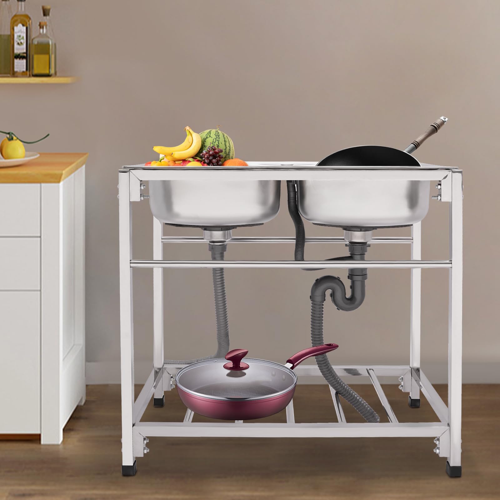 Lavabo indipendente in acciaio inox, 2 vasche da cucina, portata fino a 150 kg, 60 x 60 x 93 cm