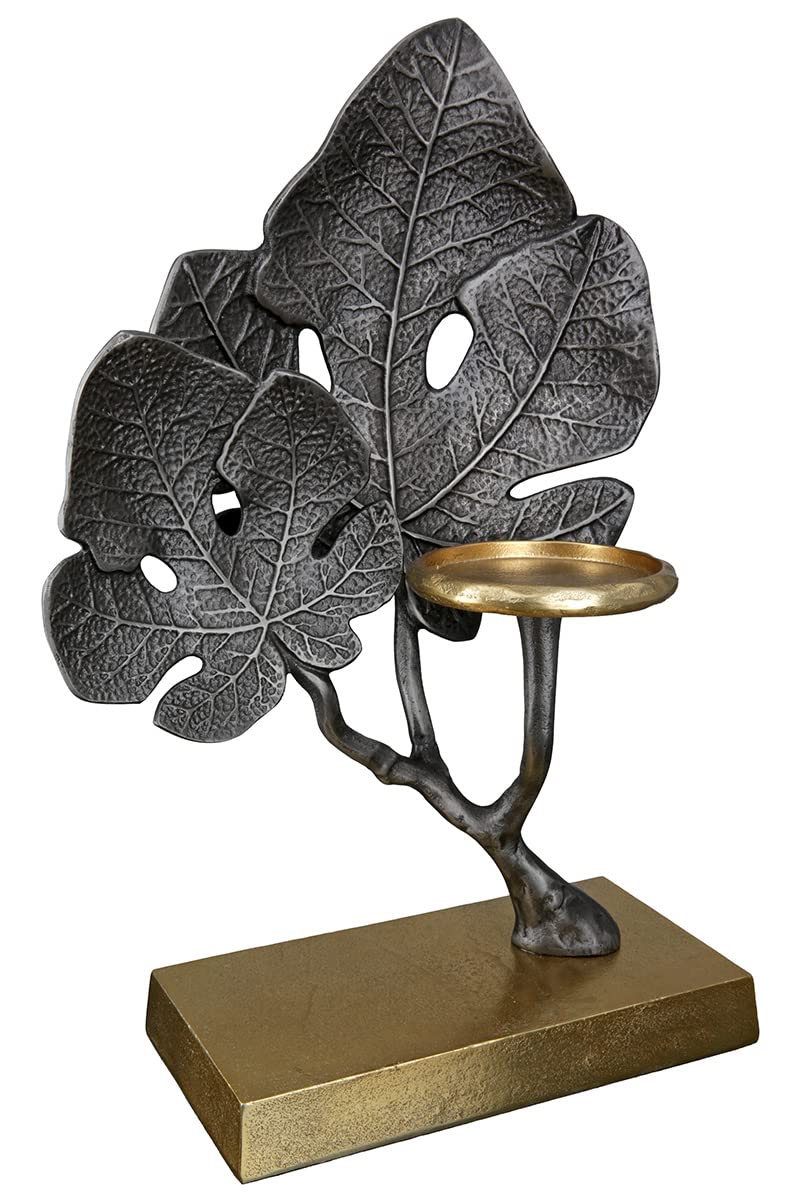 GILDE Świecznik typu tealight – 1 świecznik na podgrzewacze z aluminium – na świece lub podgrzewacze do Ø 8 cm – motyw liści – kolor srebrny złoty – wysokość 38 cm